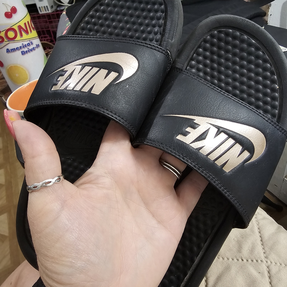 Nike Black Slides with Rose Gold Logo